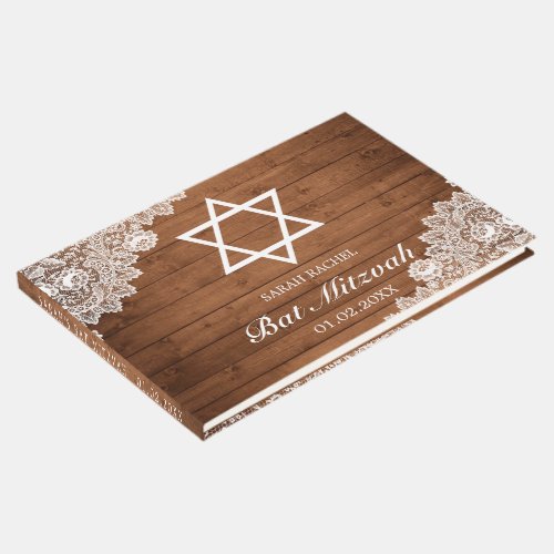 Rustic Wood  White Lace Bar Bat Mitzvah Guest Book