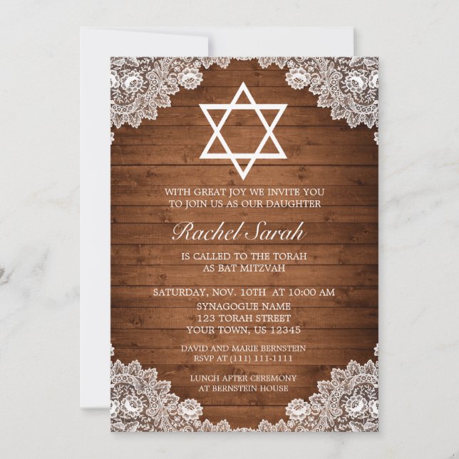 Rustic Wood & White Lace Bar Bat Mitzvah Invitation (Front)