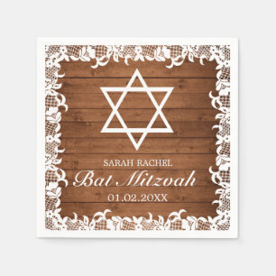 Rustic Wood & White Lace Bar Bat Mitzvah Napkins