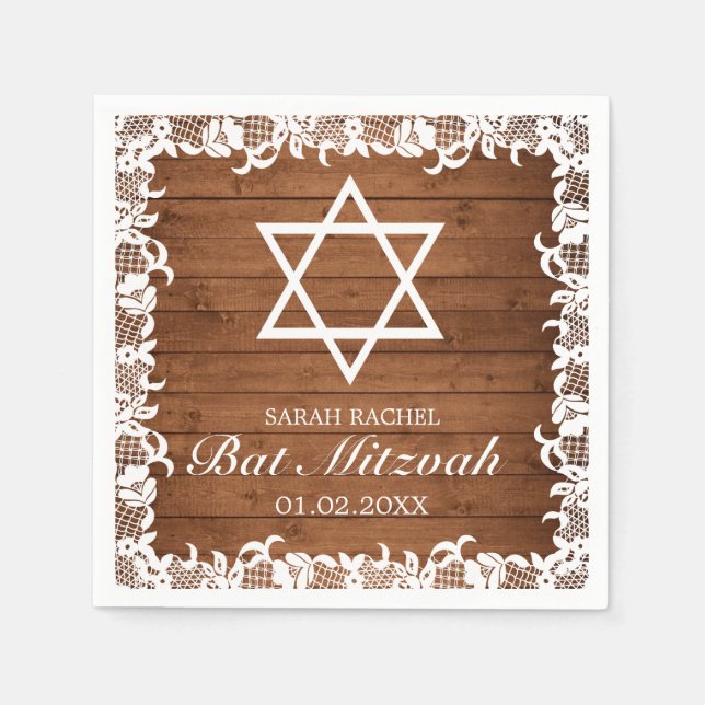 Rustic Wood & White Lace Bar Bat Mitzvah Napkins (Front)