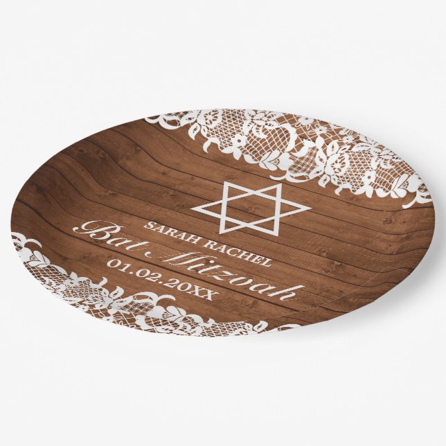 Rustic Wood & White Lace Bar Bat Mitzvah Paper Plates (Angled)