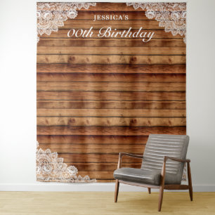 Rustic Wood & White Lace Birthday Photo Background Tapestry