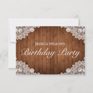 Rustic Wood & White Lace Birthday RSVP Card