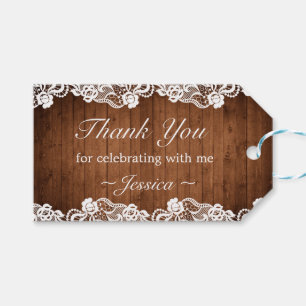 Rustic Wood & White Lace Birthday Thank You Favor Gift Tags