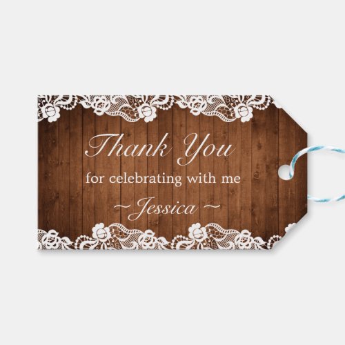 Rustic Wood  White Lace Birthday Thank You Favor Gift Tags