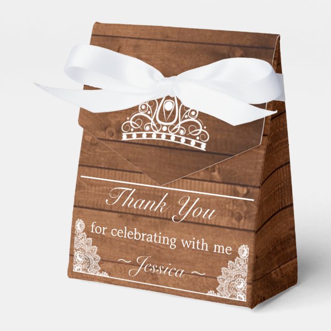 Rustic Wood & White Lace Birthday Tiara Favor Boxes (Front Side)