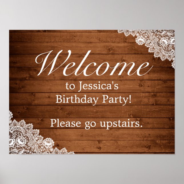 Rustic Wood & White Lace Birthday Welcome Sign (Front)