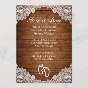 Rustic Wood & White Lace Boy Birth Celebration Invitation