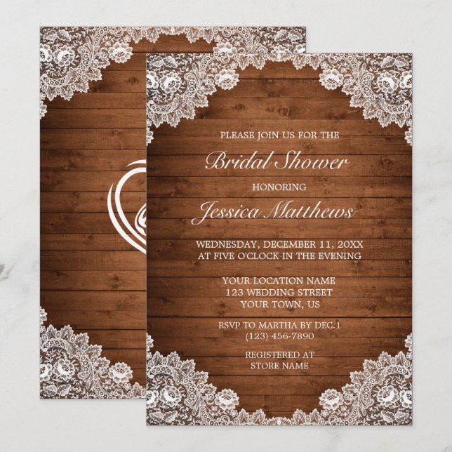 Rustic Wood & White Lace Bridal Shower Invitation (Front/Back)