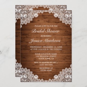 Rustic Wood & White Lace Bridal Shower Invitation by Dreams_of_Paper at Zazzle