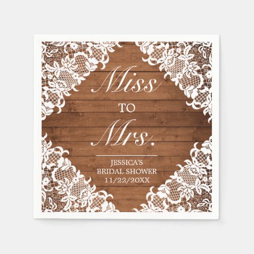 Rustic Wood  White Lace Bridal Shower Ms to Mrs Napkins