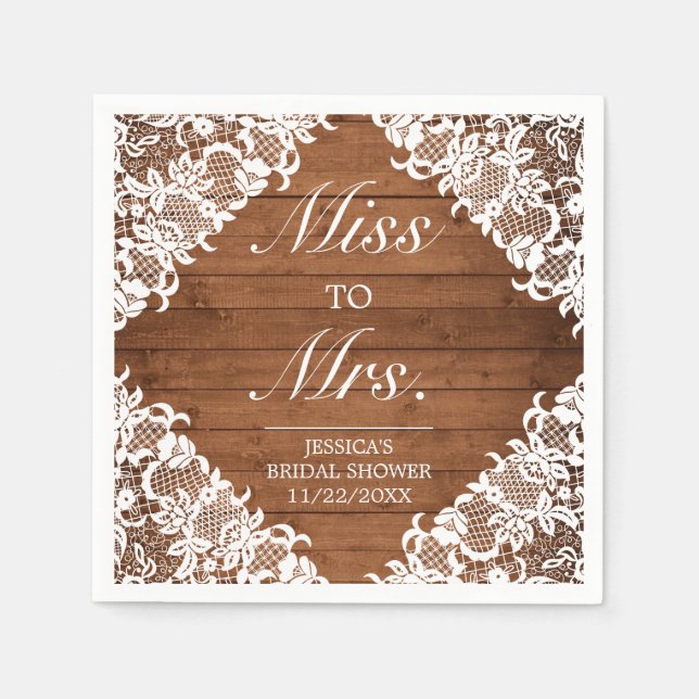 Rustic Wood & White Lace Bridal Shower Ms to Mrs Napkins (Front)