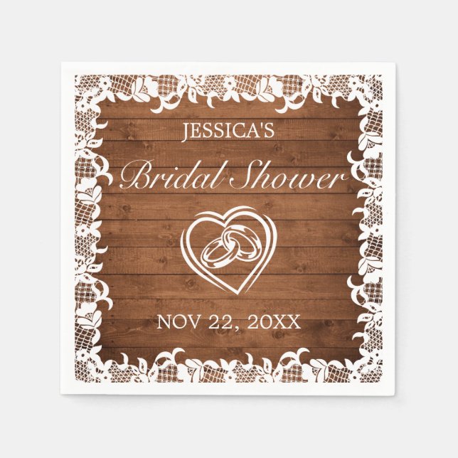 Rustic Wood & White Lace Bridal Shower Napkins (Front)