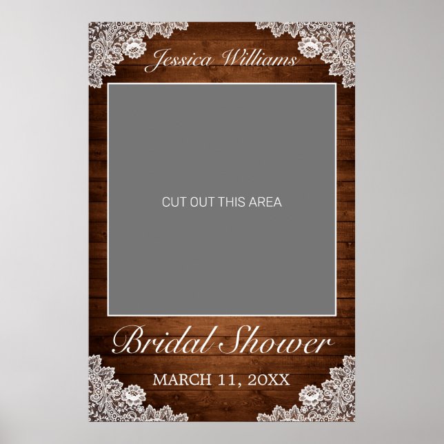 Rustic Wood & White Lace Bridal Shower Photo Prop Poster (Front)
