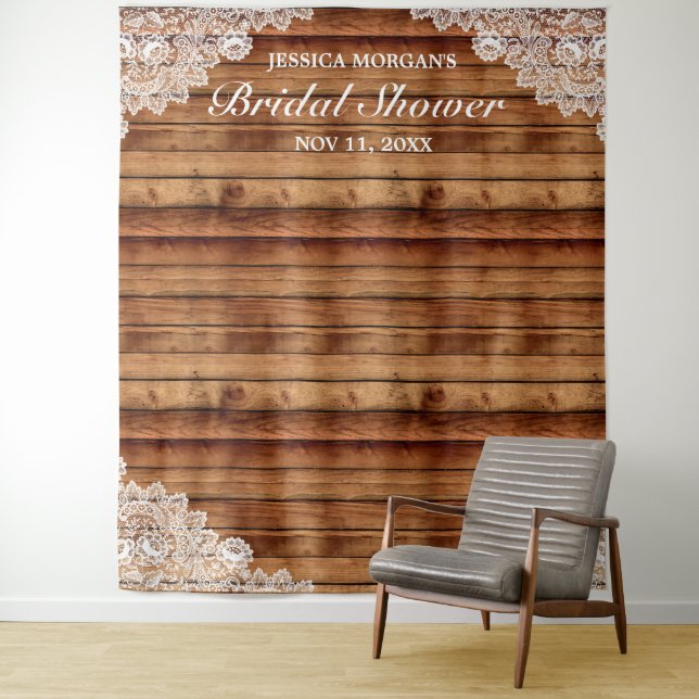 Rustic Wood & White Lace Bridal Shower Photo Tapestry (In Situ)