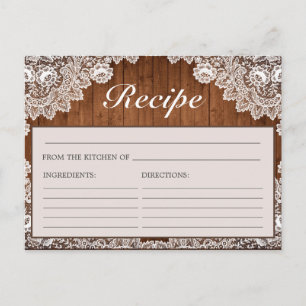 Rustic Wood & White Lace Bridal Shower Recipe Card