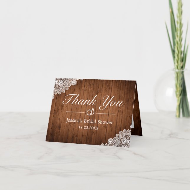 Rustic Wood & White Lace Bridal Shower Thank You Card (Front)