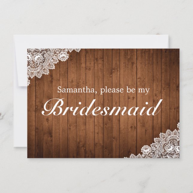 Rustic Wood & White Lace Bridesmaid Invite Card (Front)