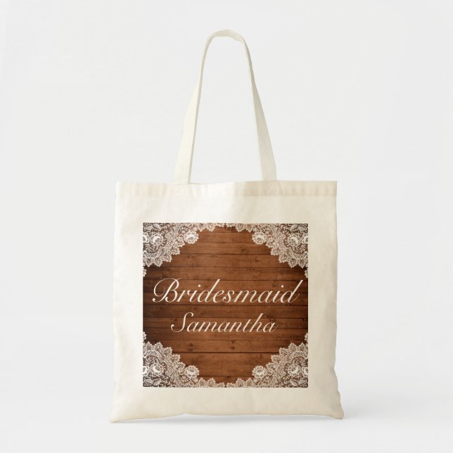 Rustic Wood & White Lace Bridesmaid Wedding Tote Bag (Front)