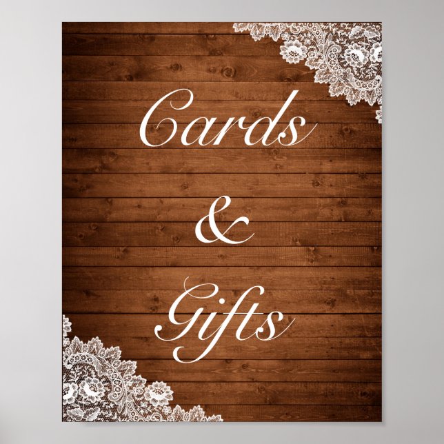 Rustic Wood & White Lace Cards Gifts Wedding Poster (Front)