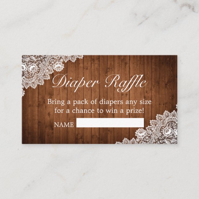Rustic Wood & White Lace Cute Feet  Diaper Raffle Enclosure Card (Front)