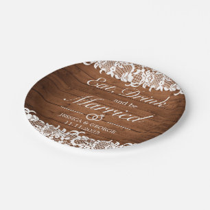 Rustic Wood & White Lace Eat Drink Married Wedding Paper Plates