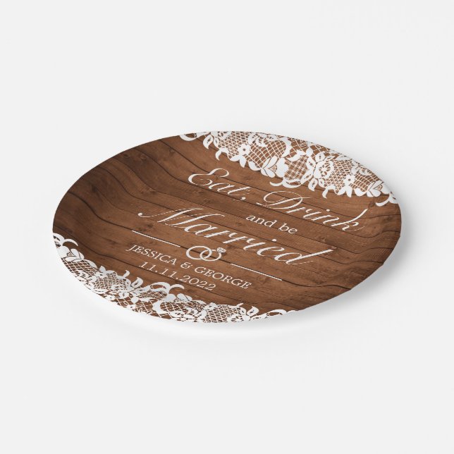 Rustic Wood & White Lace Eat Drink Married Wedding Paper Plates (Angled)