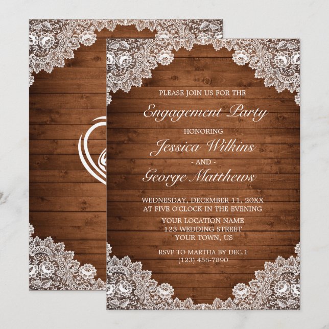Rustic Wood & White Lace Engagement Party Invitation (Front/Back)