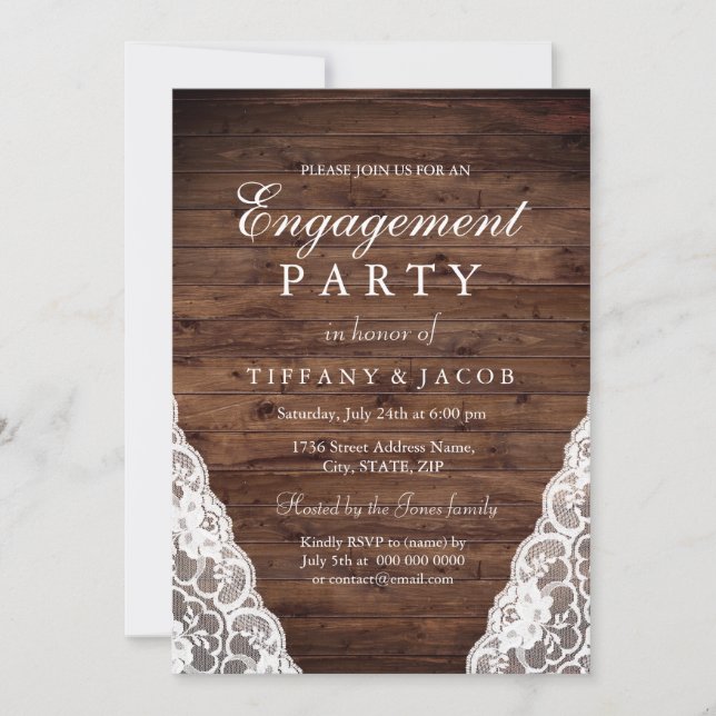 Rustic Wood White Lace Engagement Party Invite (Front)