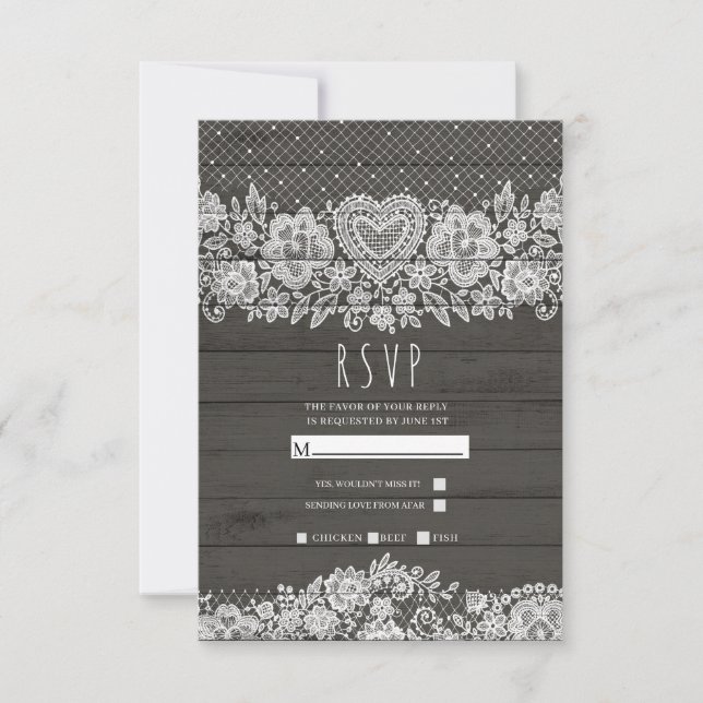 Rustic Wood White Lace Farmhouse Barn Wedding RSVP Card (Front)