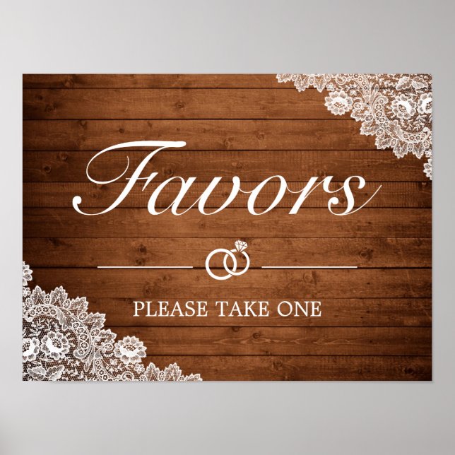 Rustic Wood & White Lace Favors Wedding Sign (Front)