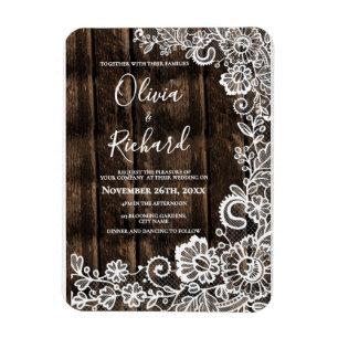 Rustic Wood White Lace Floral Wedding Invitation Magnet