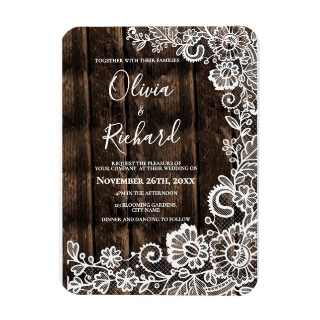 Rustic Wood White Lace Floral Wedding Invitation Magnet (Vertical)