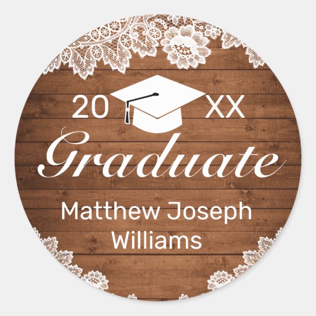 Rustic Wood & White Lace Graduation Classic Round Sticker (Front)