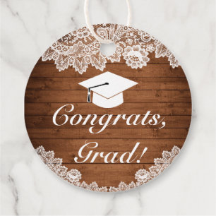 Rustic Wood & White Lace Graduation Congrats Favor Tags