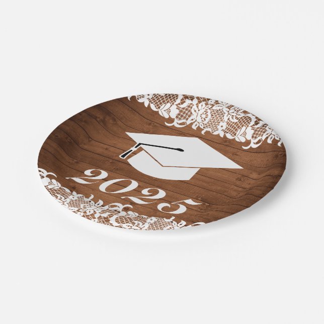 Rustic Wood & White Lace Graduation Hat Paper Plates (Angled)