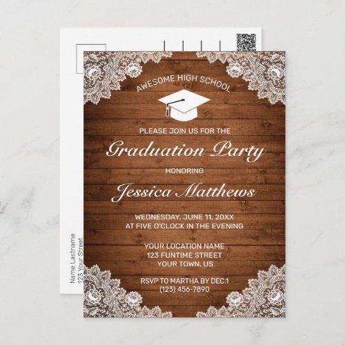 Rustic Wood  White Lace Graduation Invitation  Postcard