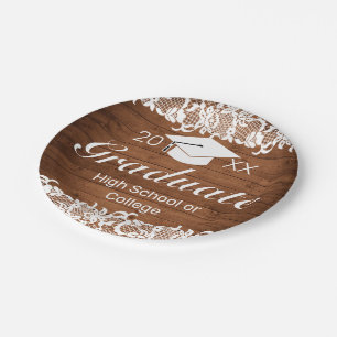 Rustic Wood & White Lace Graduation Paper Plates