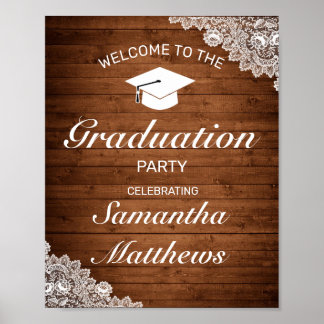 Rustic Wood & White Lace Graduation Party Welcome Poster