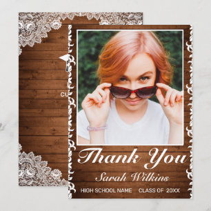 Rustic Wood & White Lace Graduation Photo  Thank Y You Card