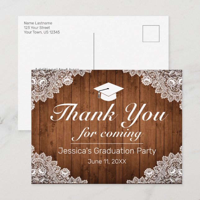 Rustic Wood & White Lace Graduation Thank You Post Postcard (Front/Back)