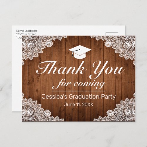 Rustic Wood  White Lace Graduation Thank You Post Postcard