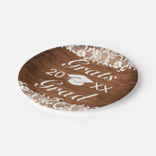 Rustic Wood & White Lace Grats Graduation Paper Plates