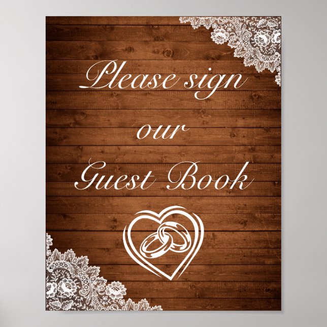Rustic Wood & White Lace Guest Book Wedding Sign (Front)