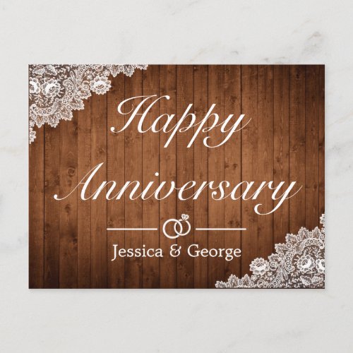 Rustic Wood White Lace Happy Anniversary Greeting Announcement Postcard