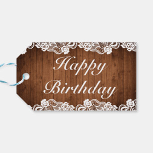 Rustic Wood & White Lace Happy Birthday Gift Tags