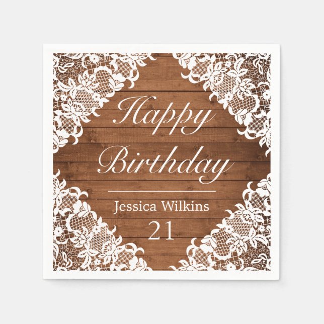 Rustic Wood & White Lace Happy Birthday Napkins (Front)