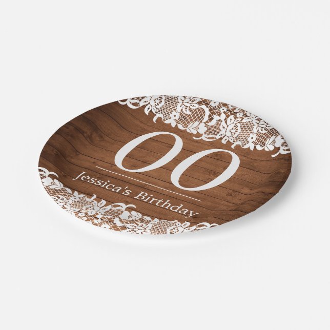 Rustic Wood & White Lace Happy Birthday Paper Plates (Angled)