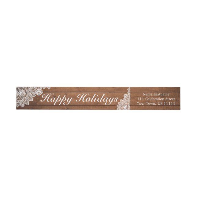Rustic Wood & White Lace Happy Holidays Wrap Around Label (Individual)