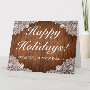 Rustic Wood & White Lace Holiday Folded Greeting Card
